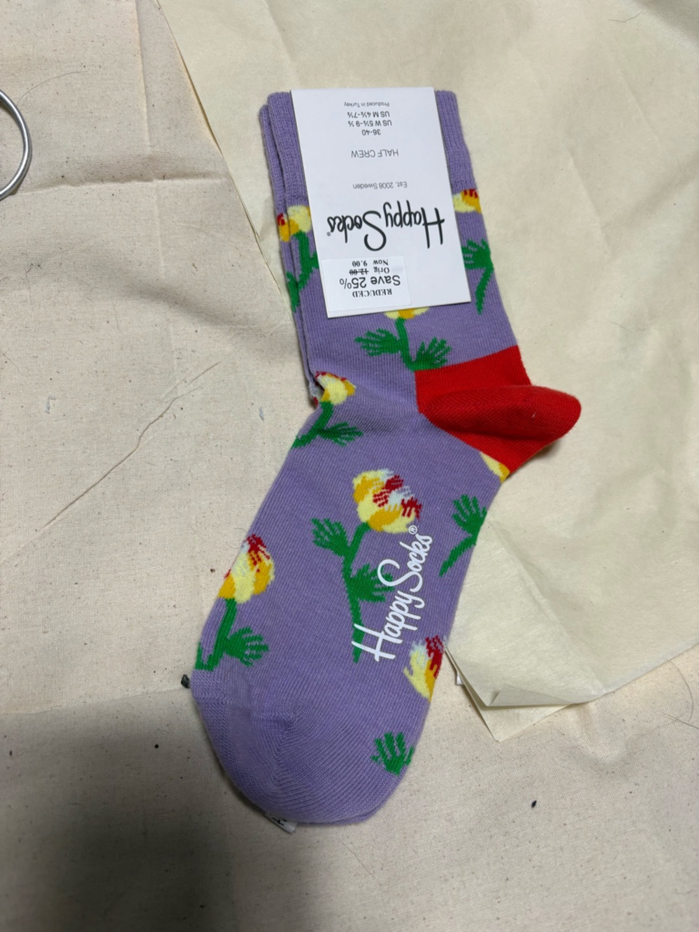 Happy Socks Purple Floral Crew Socks with Red Heel unisex